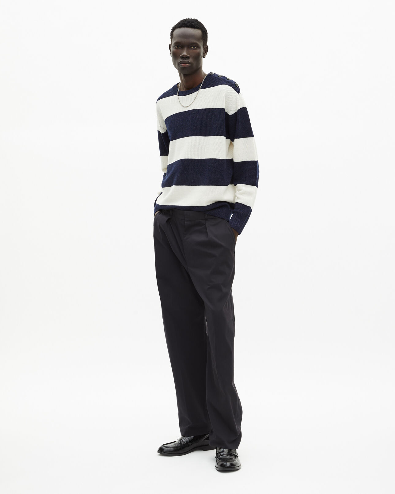 The Kooples MEN ECRU NAVY navy stripe wool and linen sweater