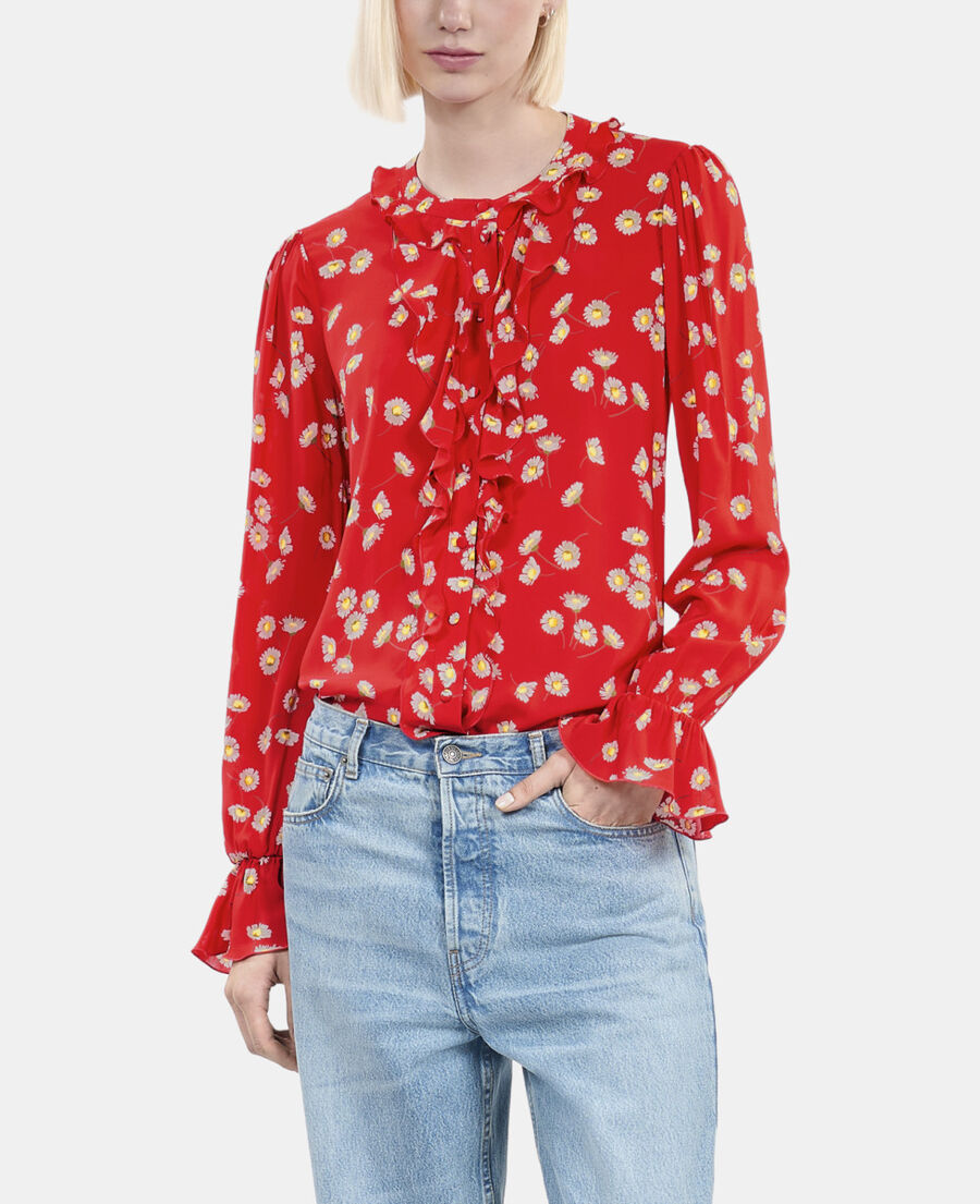 The Kooples FEMME RED / WHITE chemise &agrave; imprim&eacute; fleuri avec volants