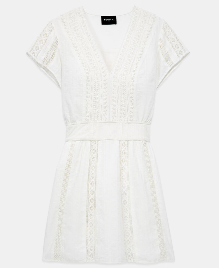 short ecru embroidered dress w/ ribbon detail