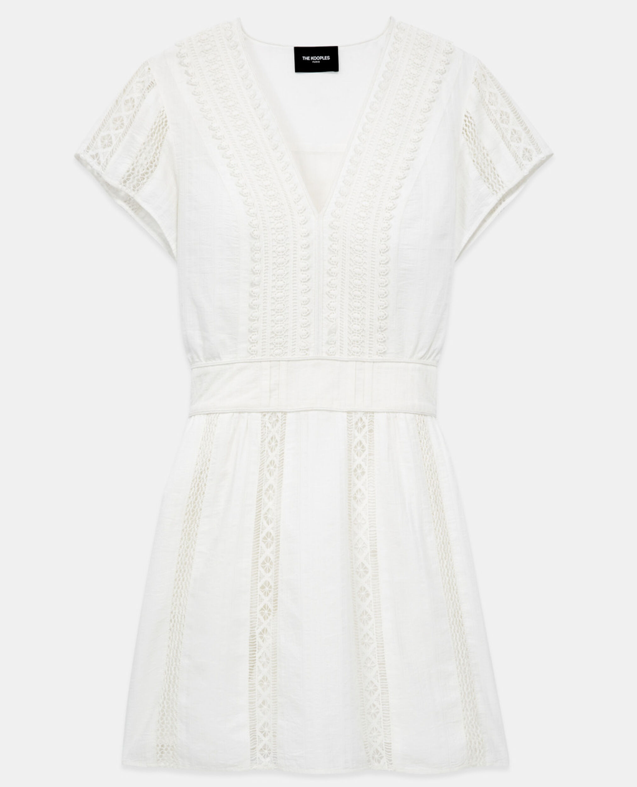 Short ecru embroidered dress w/ ribbon detail, OFF WHITE, hi-res image number null