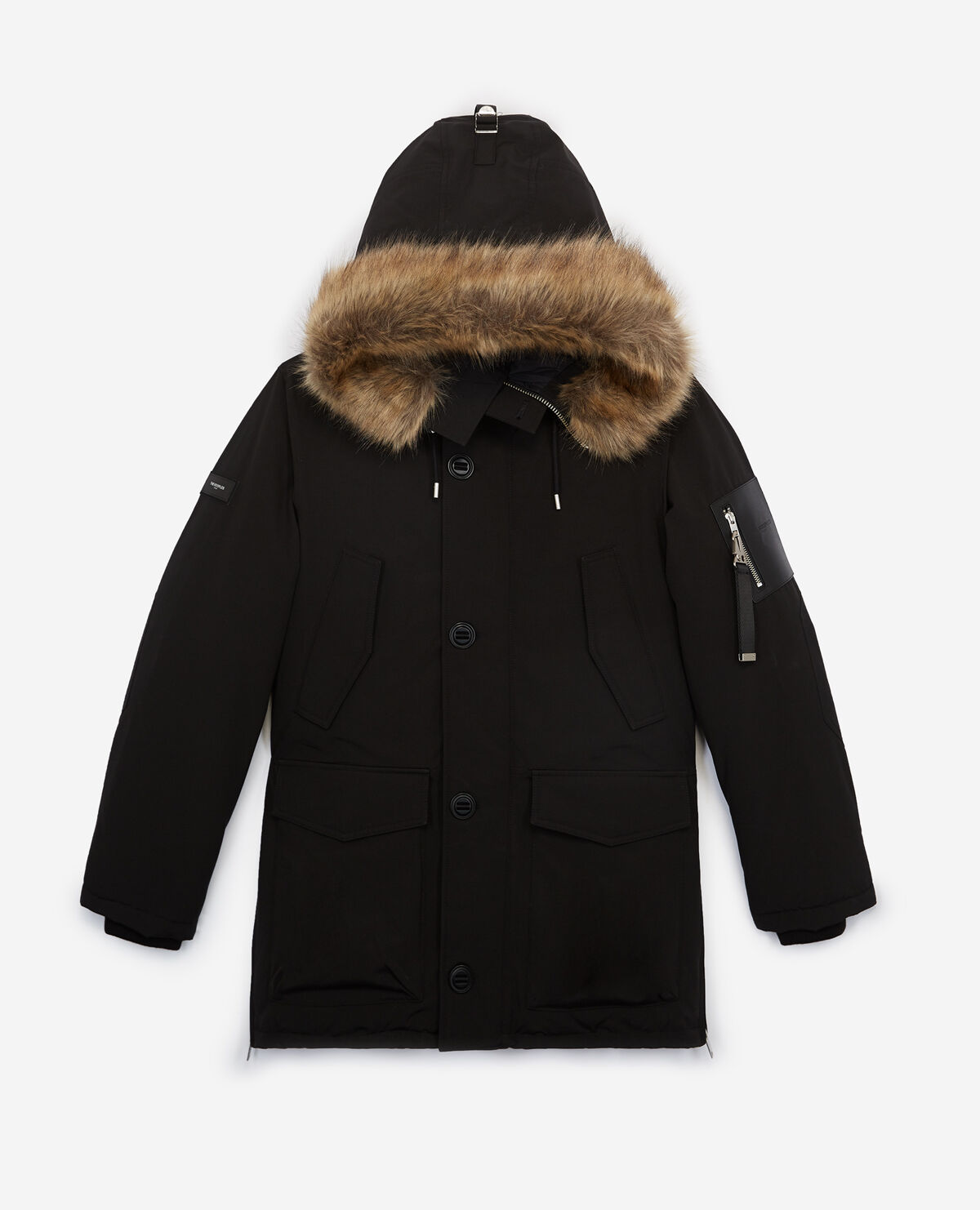 Long black polyester parka with hood