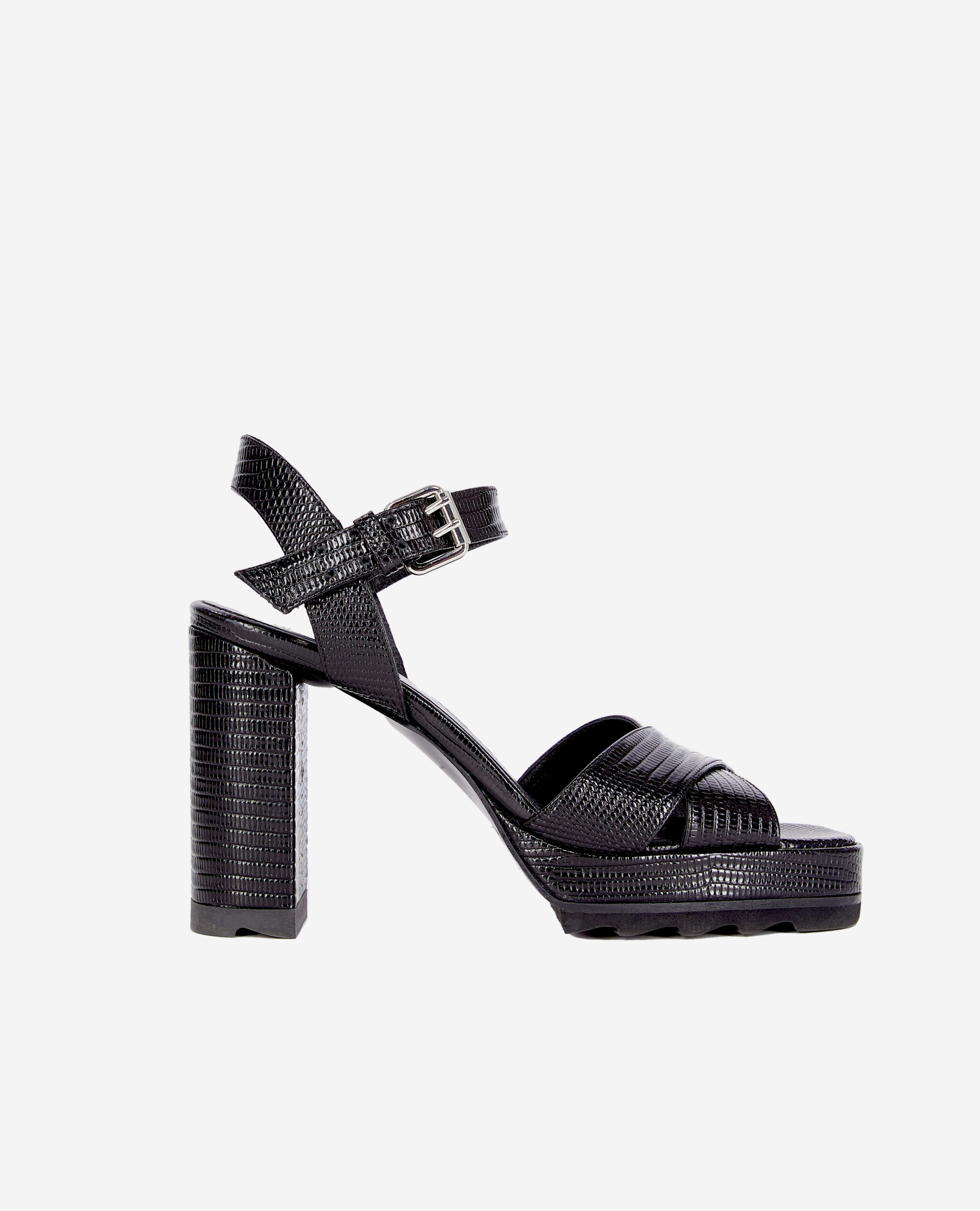 Black lizard effect leather heeled sandals, BLACK, hi-res image number null