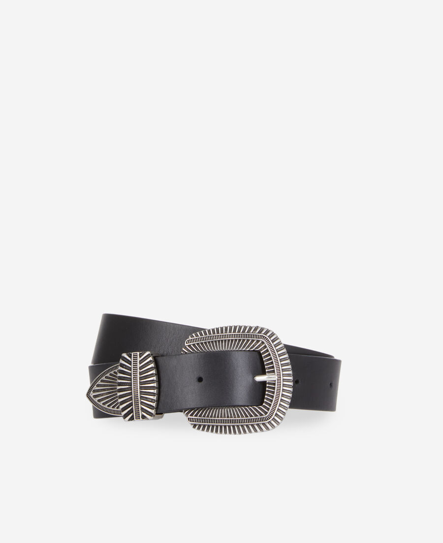 black leather belt with streaked buckle