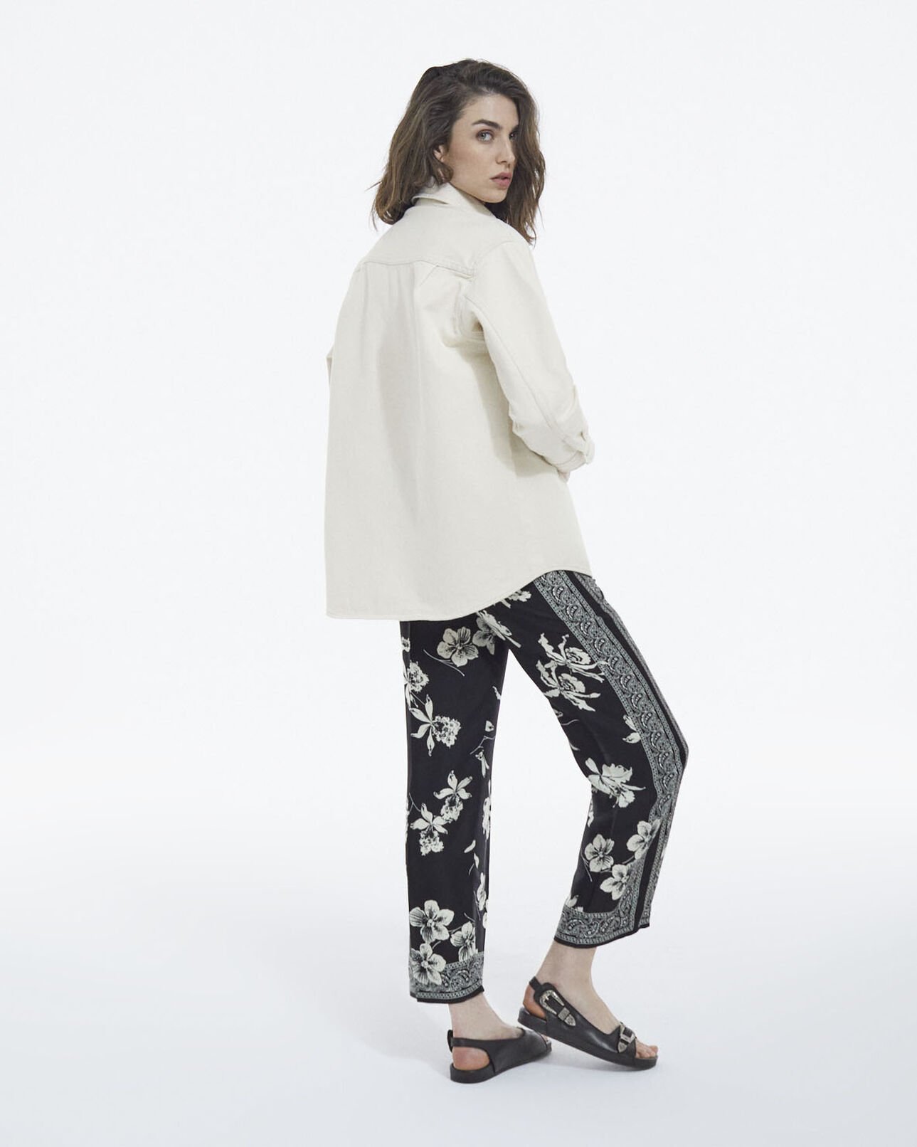 The Kooples WOMEN BLACK WHITE flowing black - white pants with scarf motif