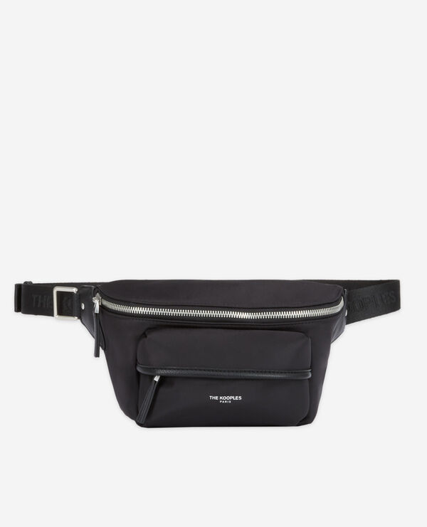 black waist bag with tape logo