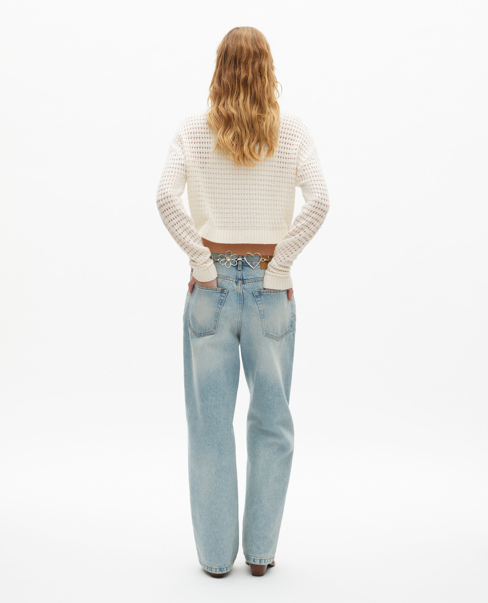 Short ecru openwork cotton blend sweater, ECRU, hi-res image number null