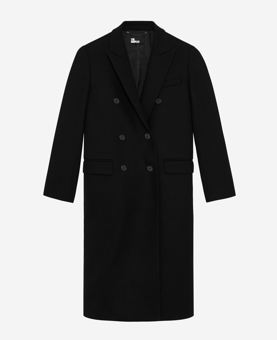 The Kooples FEMME BLACK manteau long crois&eacute; en laine noir