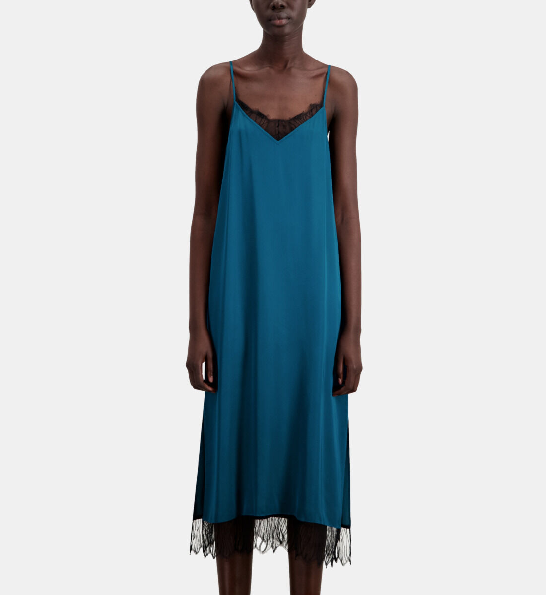 Long blue slip dress with lace details The Kooples US