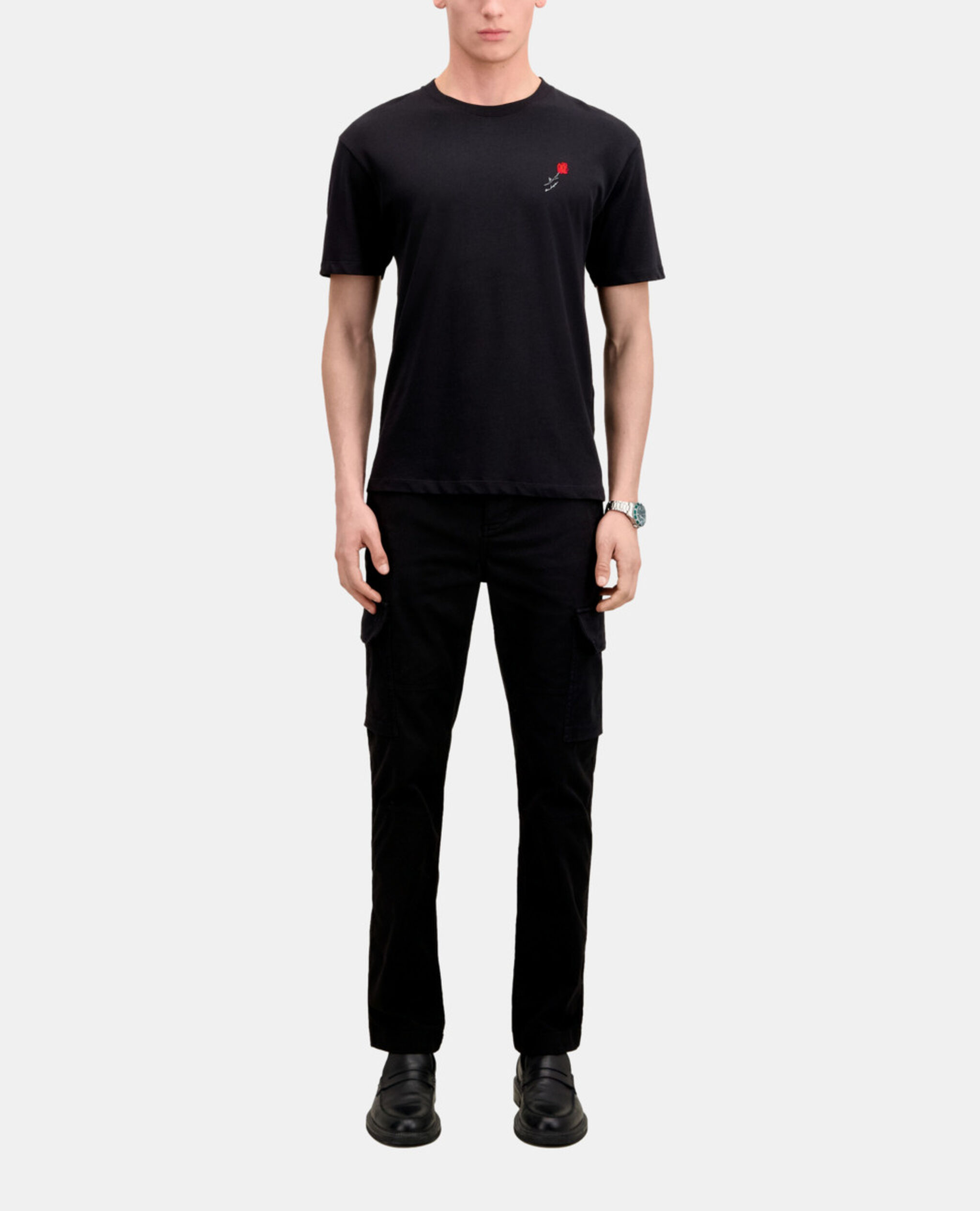 Men's black t-shirt with flower embroidery, BLACK, hi-res image number null