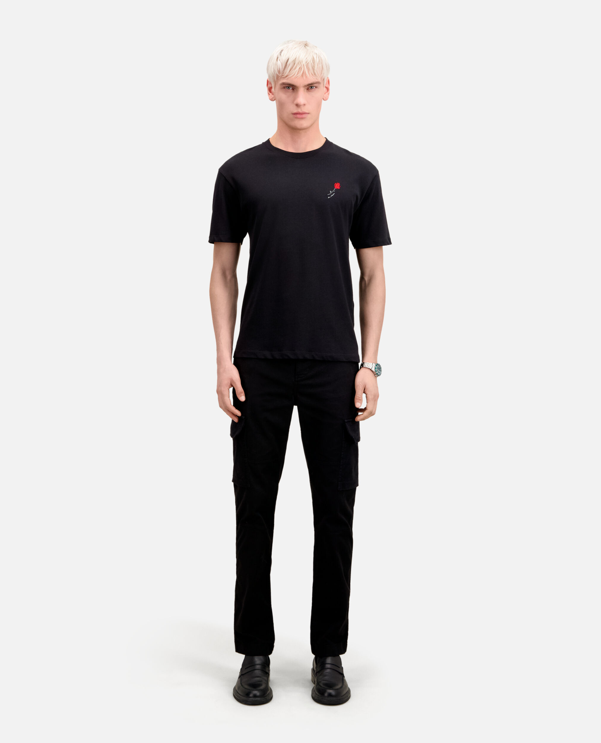 Camiseta negra bordado floral para hombre, BLACK, hi-res image number null