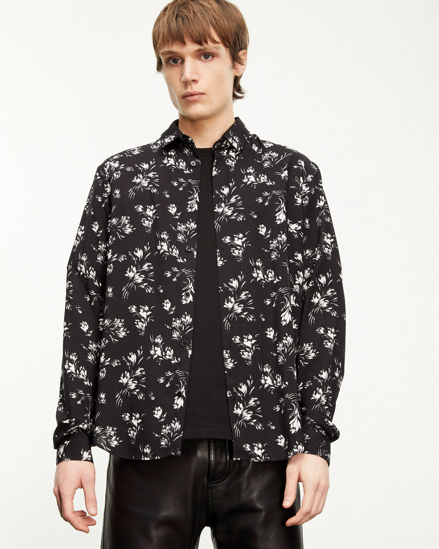 Flowing black and white floral shirt, BLACK WHITE, hi-res image number null
