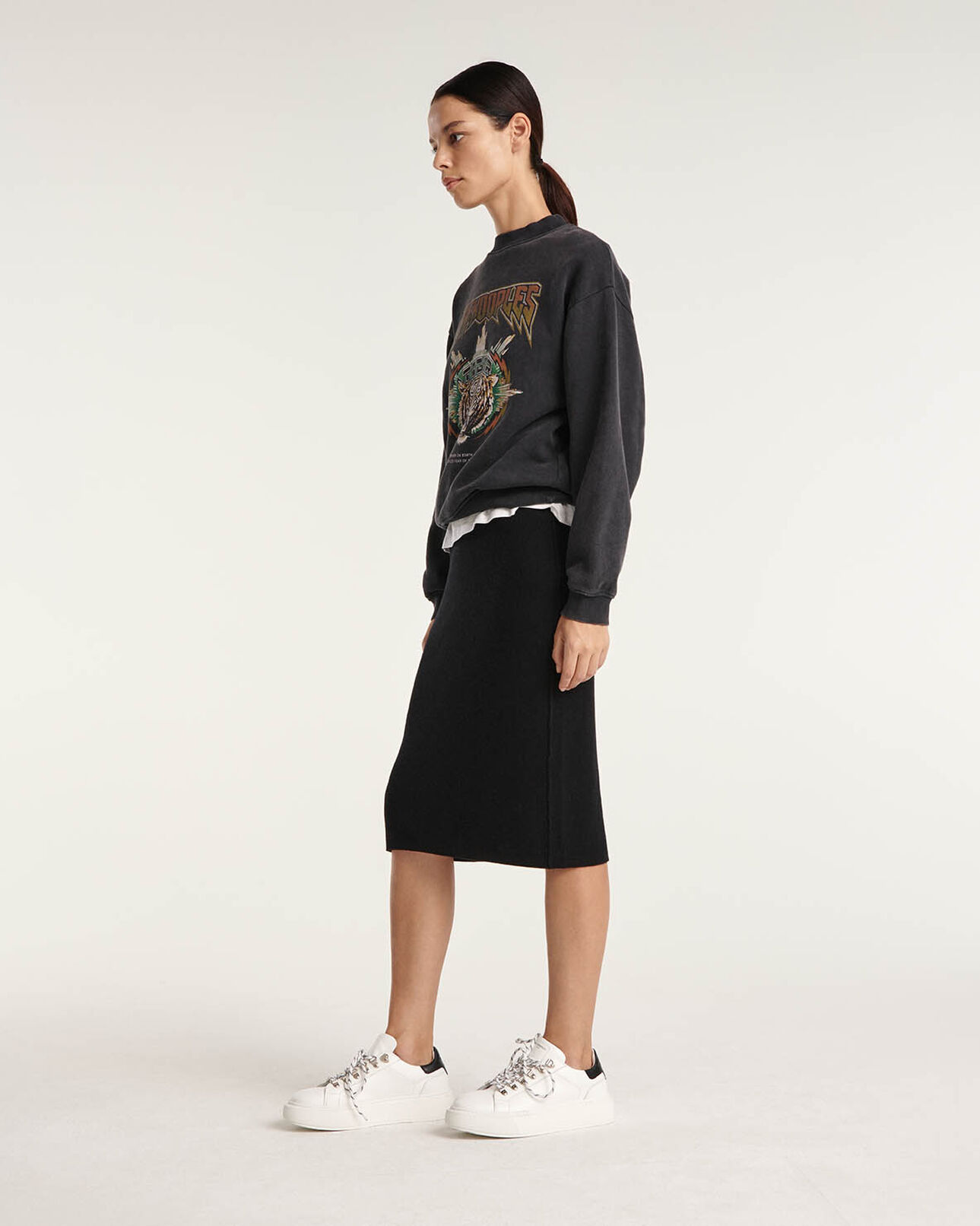The Kooples WOMEN BLACK black ribbed wool/cashmere midi skirt