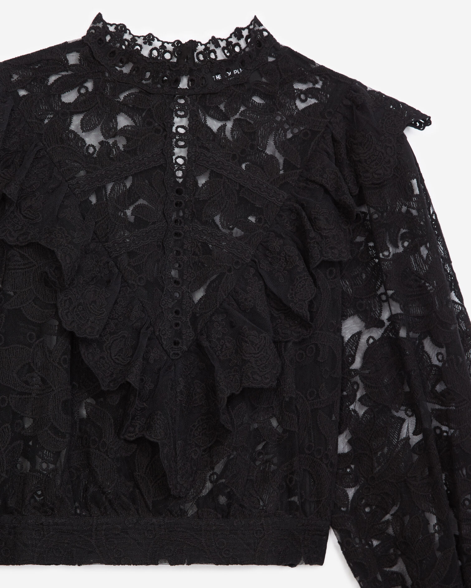Top dentelle noir à détail plastron, BLACK, hi-res image number null