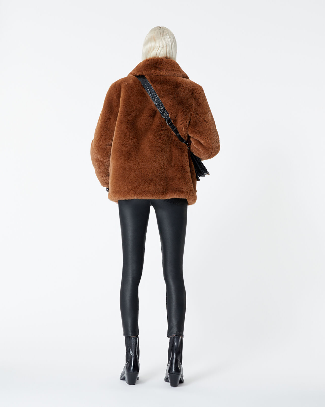 The Kooples WOMEN COGNAC brown faux fur coat with leather details
