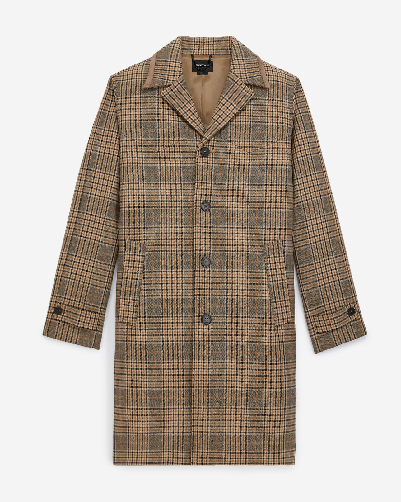 The Kooples HOMME CAMEL / BLACK trench beige et noir à carreaux