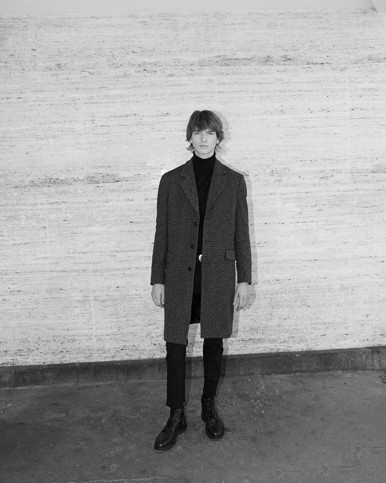 The Kooples MEN LIGHT GREY MELANGE martingale belt grey leather collar wool coat
