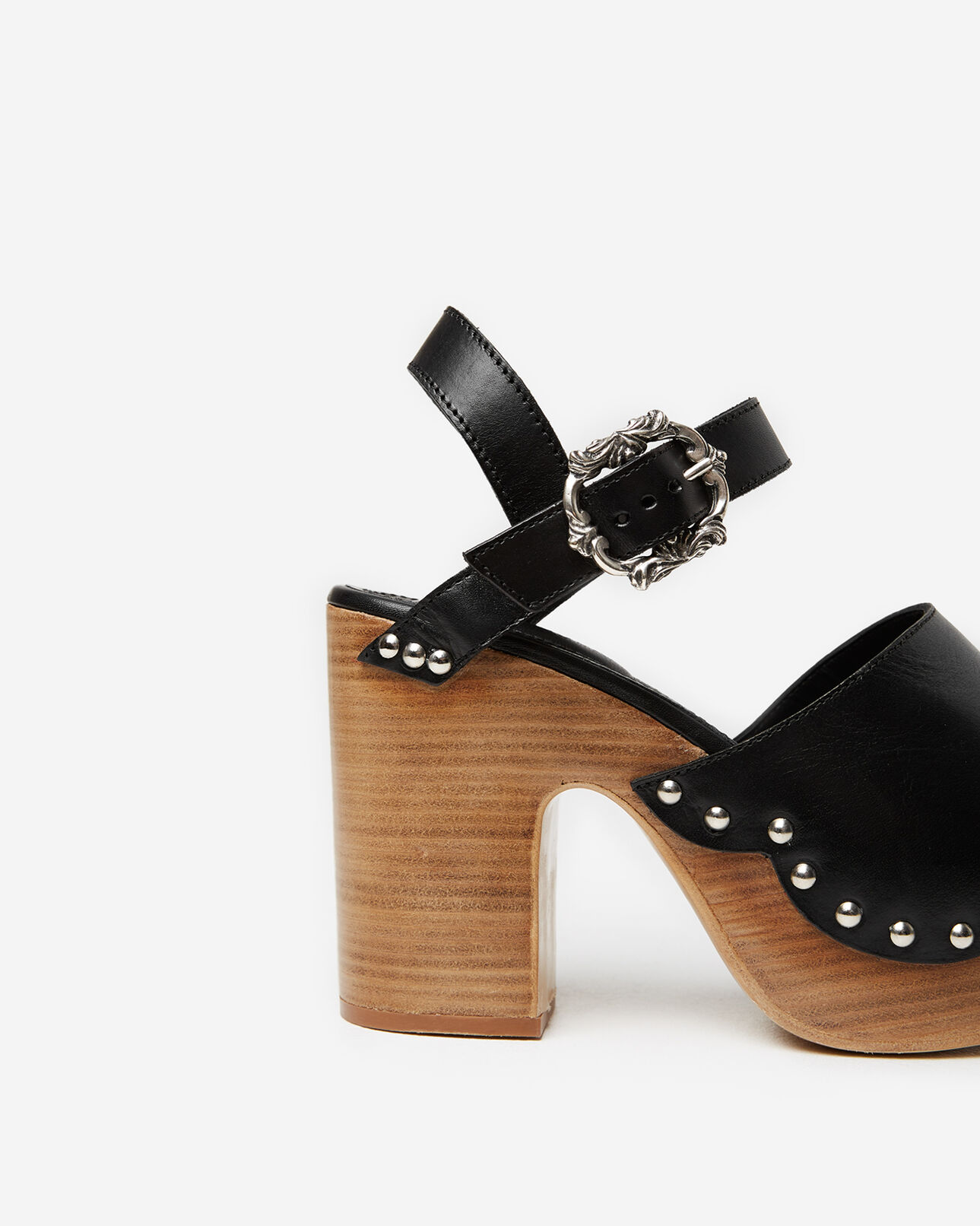 The Kooples WOMEN BLACK leather and wood sandals with heels