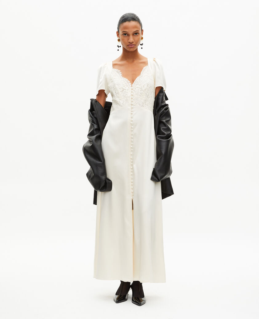 The Kooples F LIGHT BEIGE long silk dress with ecru lace