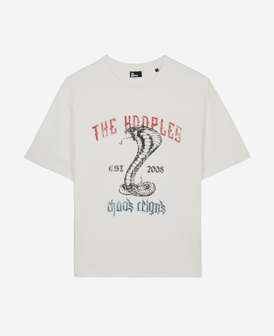 ecrufarbenes t-shirt mit chaos-schlangensiebdruck