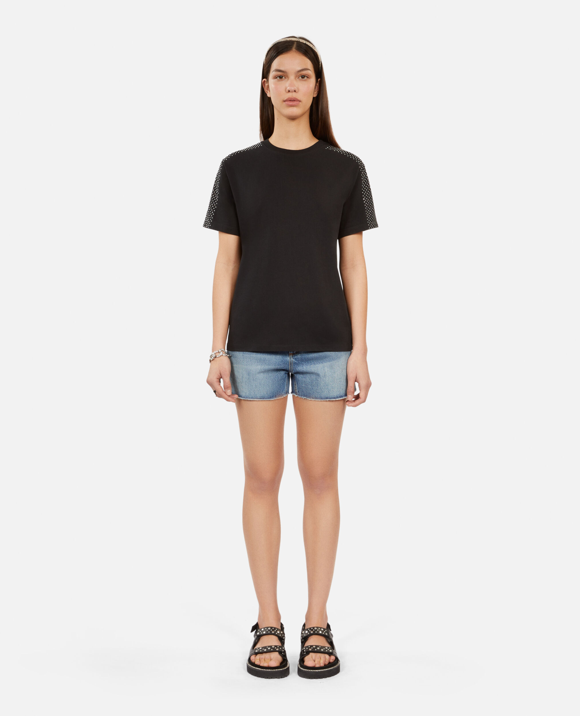 Women's black t-shirt with rhinestones, BLACK, hi-res image number null