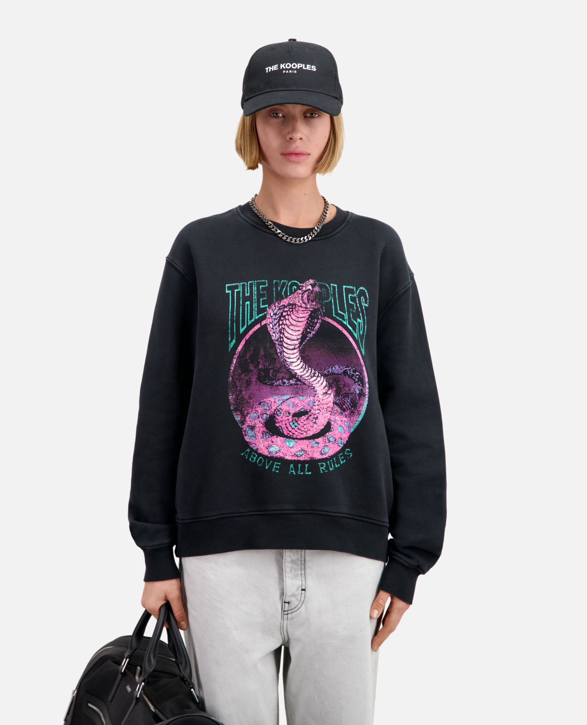 Sweatshirt noir avec sérigraphie Cobra, BLACK WASHED, hi-res image number null