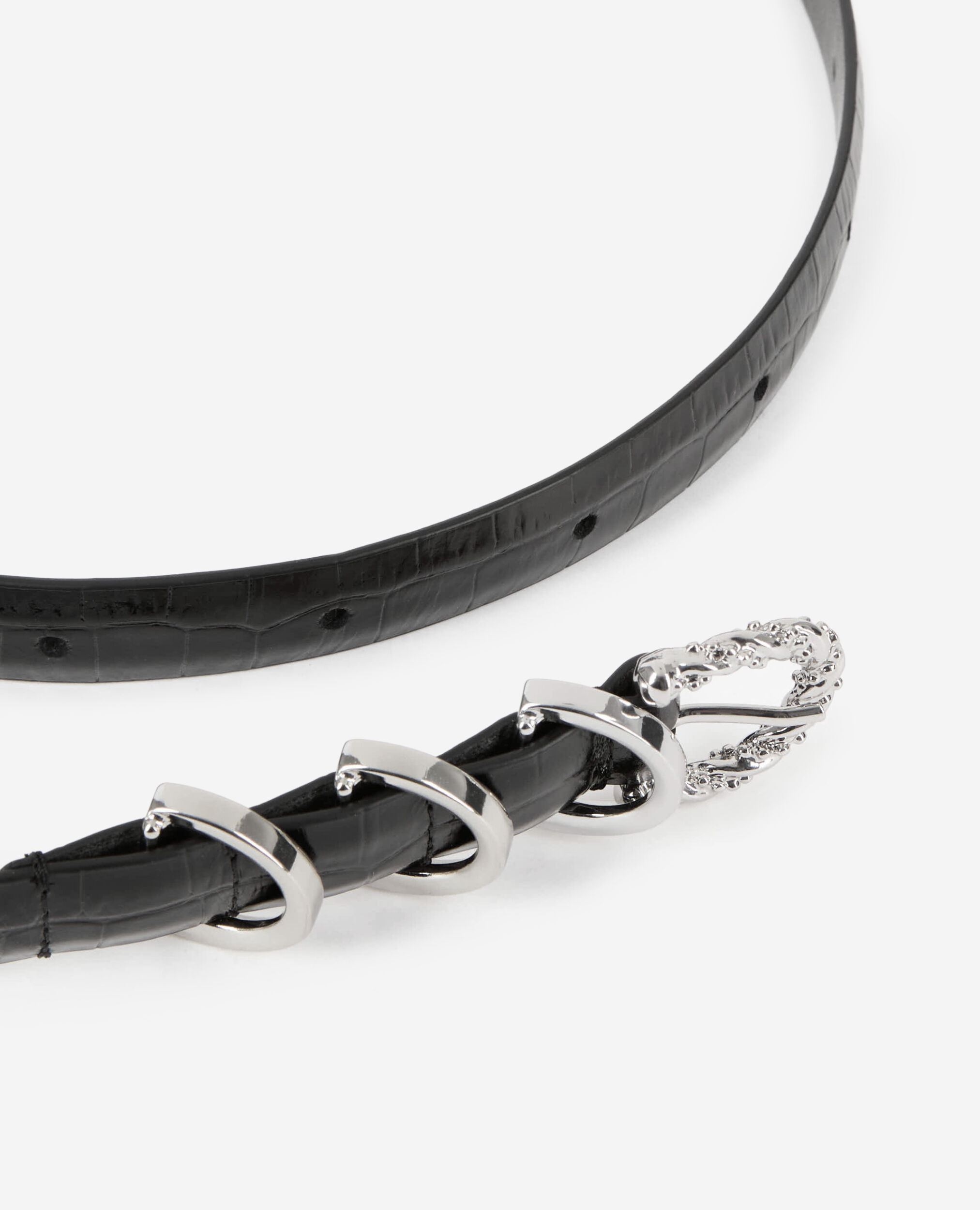 Thin black crocodile-effect leather belt
