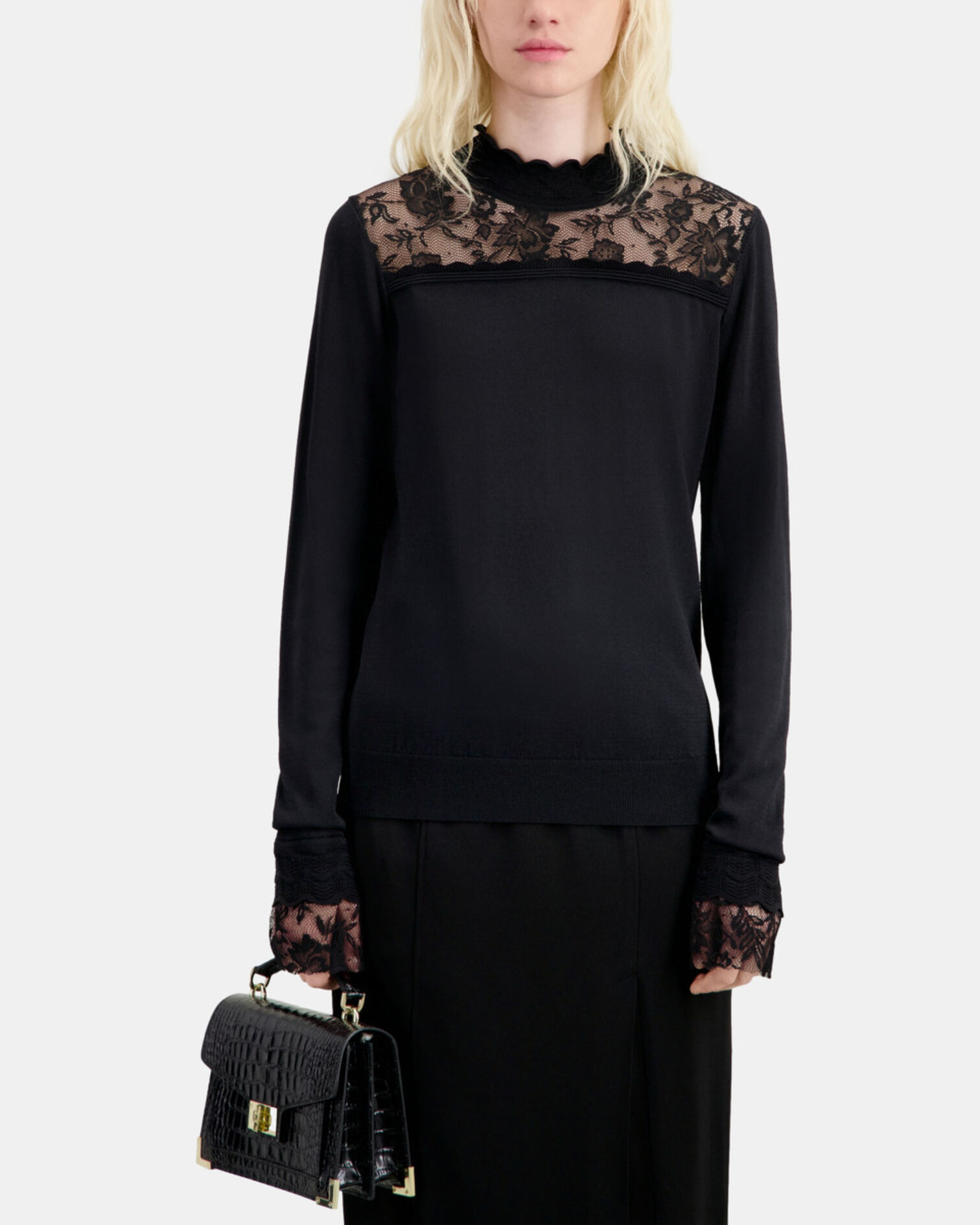 Pull noir avec détails en dentelle, BLACK, hi-res image number null