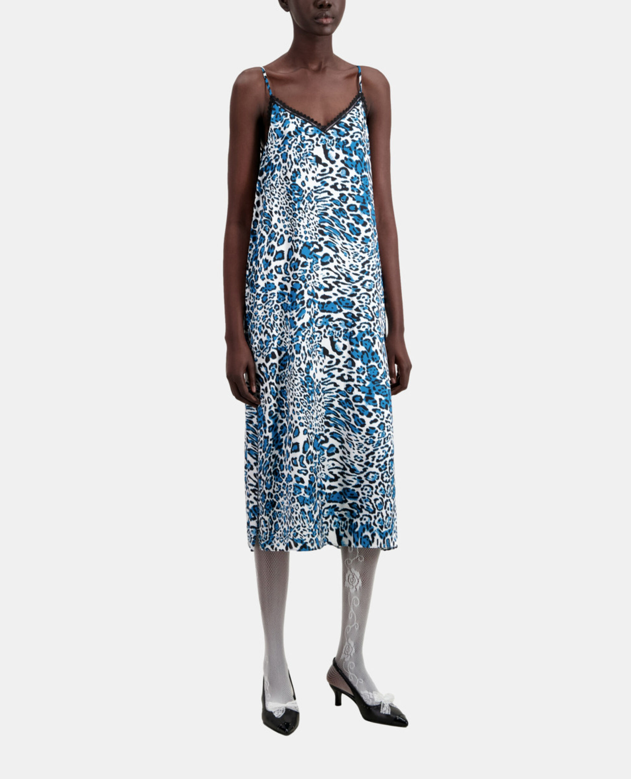 Long printed silk slip dress with lace details, BLUE WHITE, hi-res image number null
