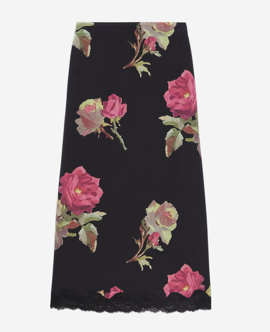 The Kooples WOMEN PINK BLACK long printed silk skirt with lace