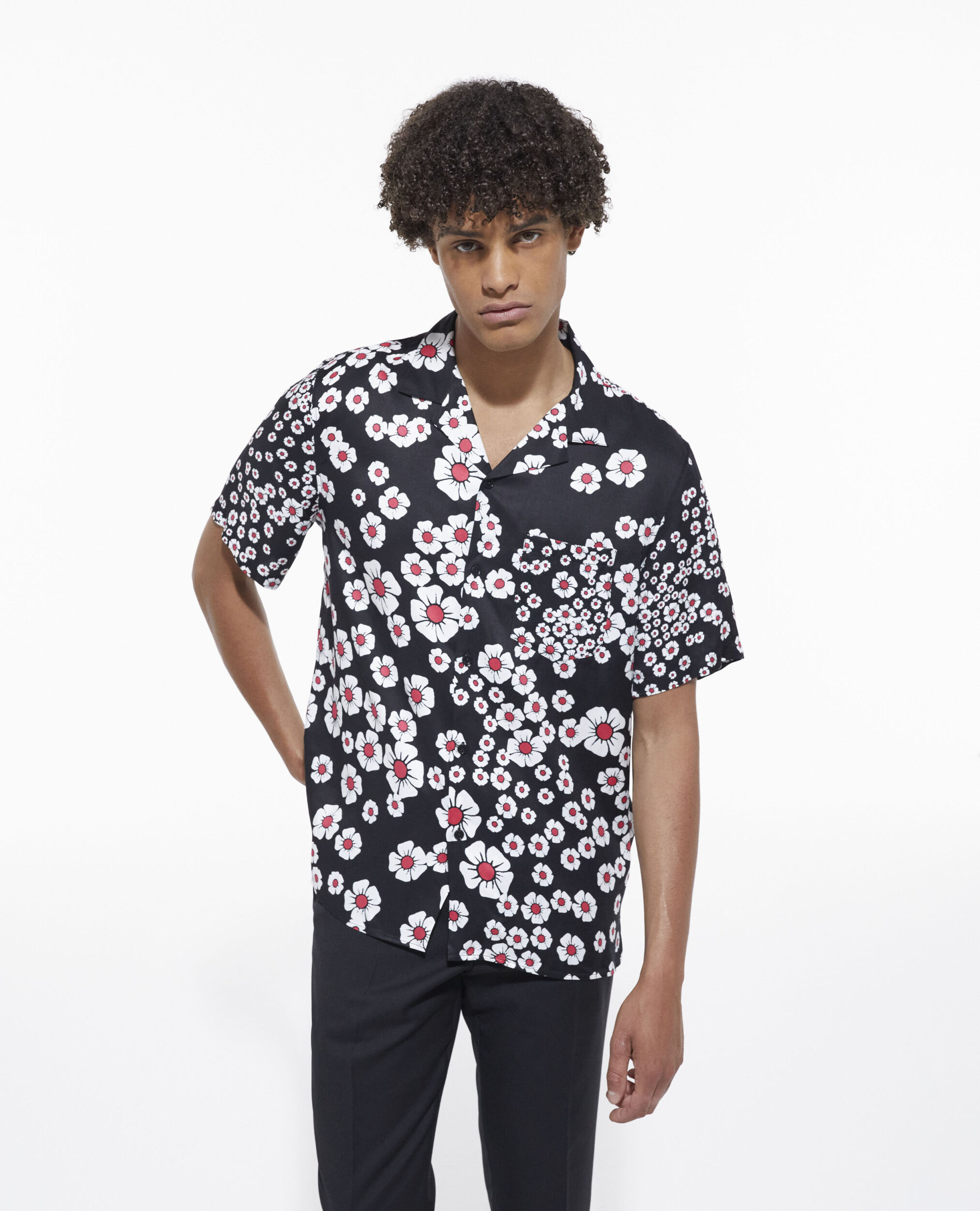 Floral hawaiian collar shirt, BLACK / PINK, hi-res image number null