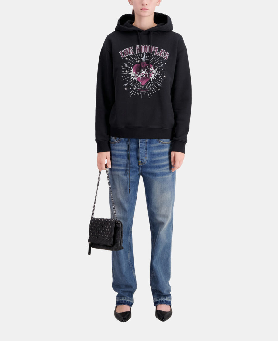 women's black hoodie with dagger through heart serigraphy