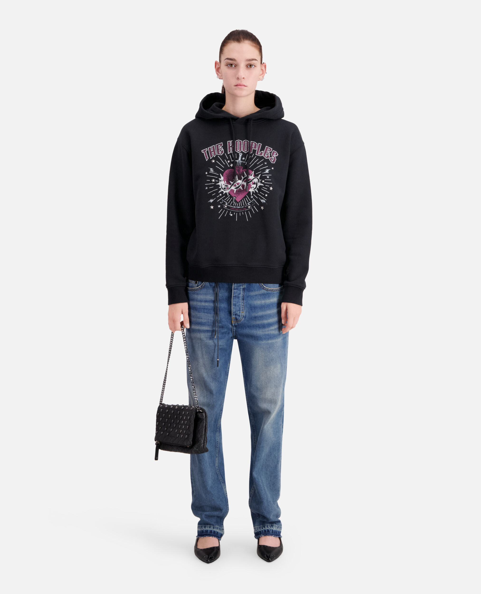 Damen Schwarzes Kapuzensweatshirt mit Siebdruck, BLACK WASHED, hi-res image number null
