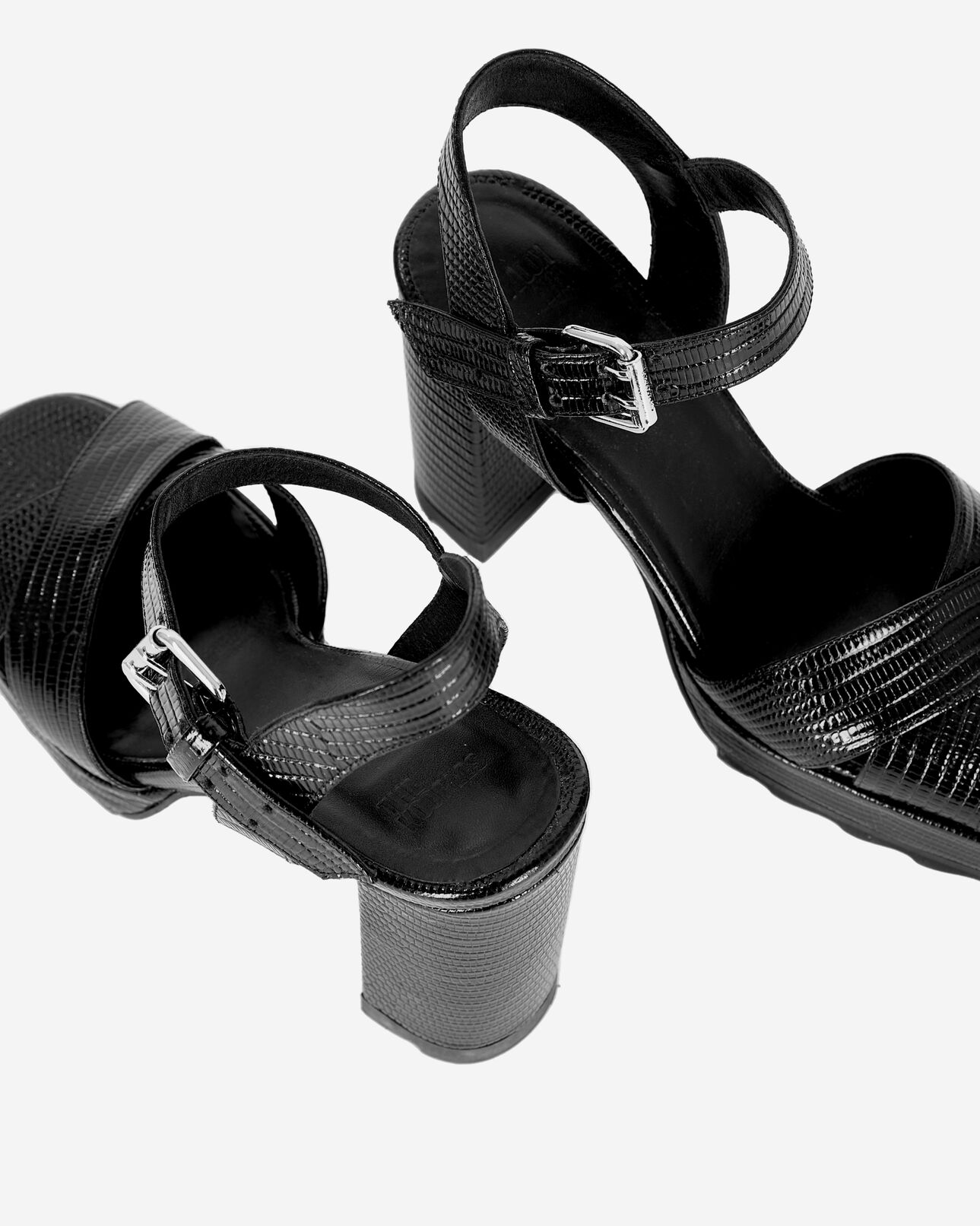 The Kooples WOMEN BLACK black lizard effect leather heeled sandals