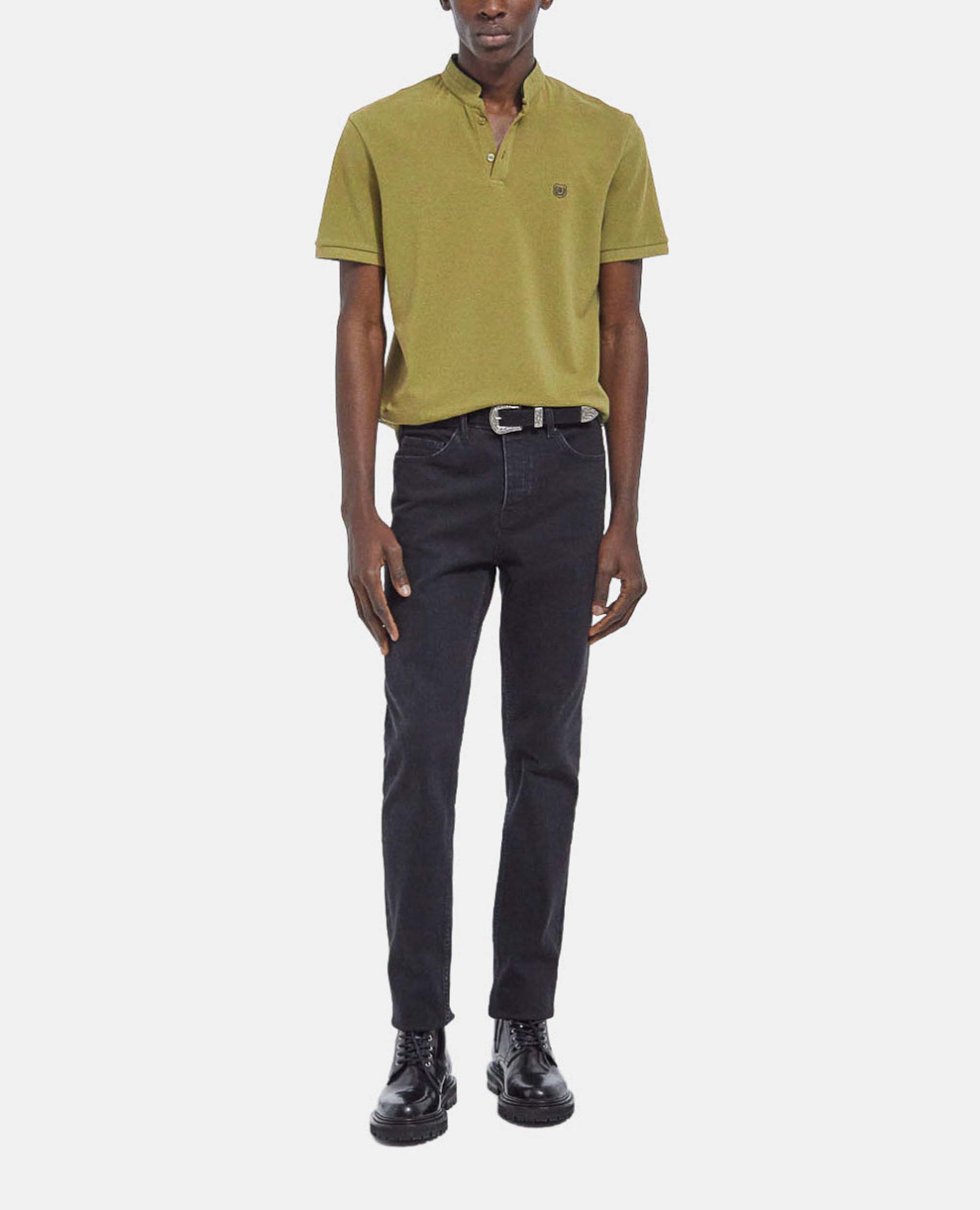 Green polo black top pants