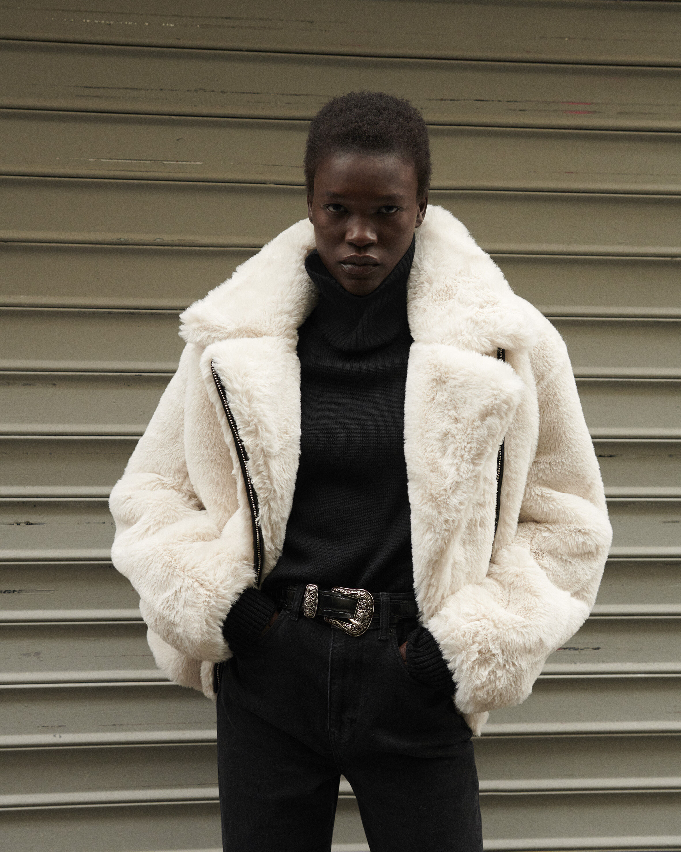 White faux fur coat with leather | The Kooples