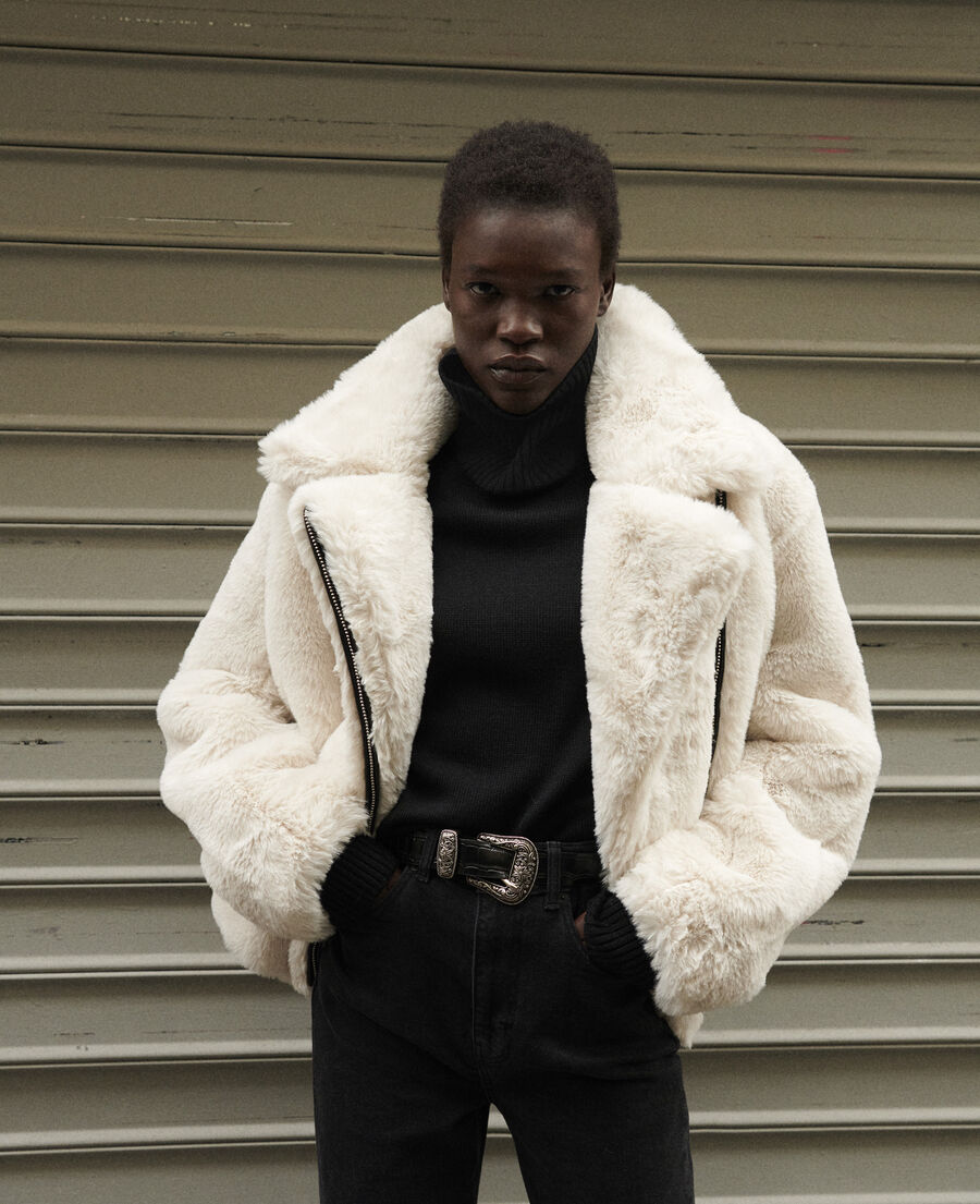 White faux fur coat with leather