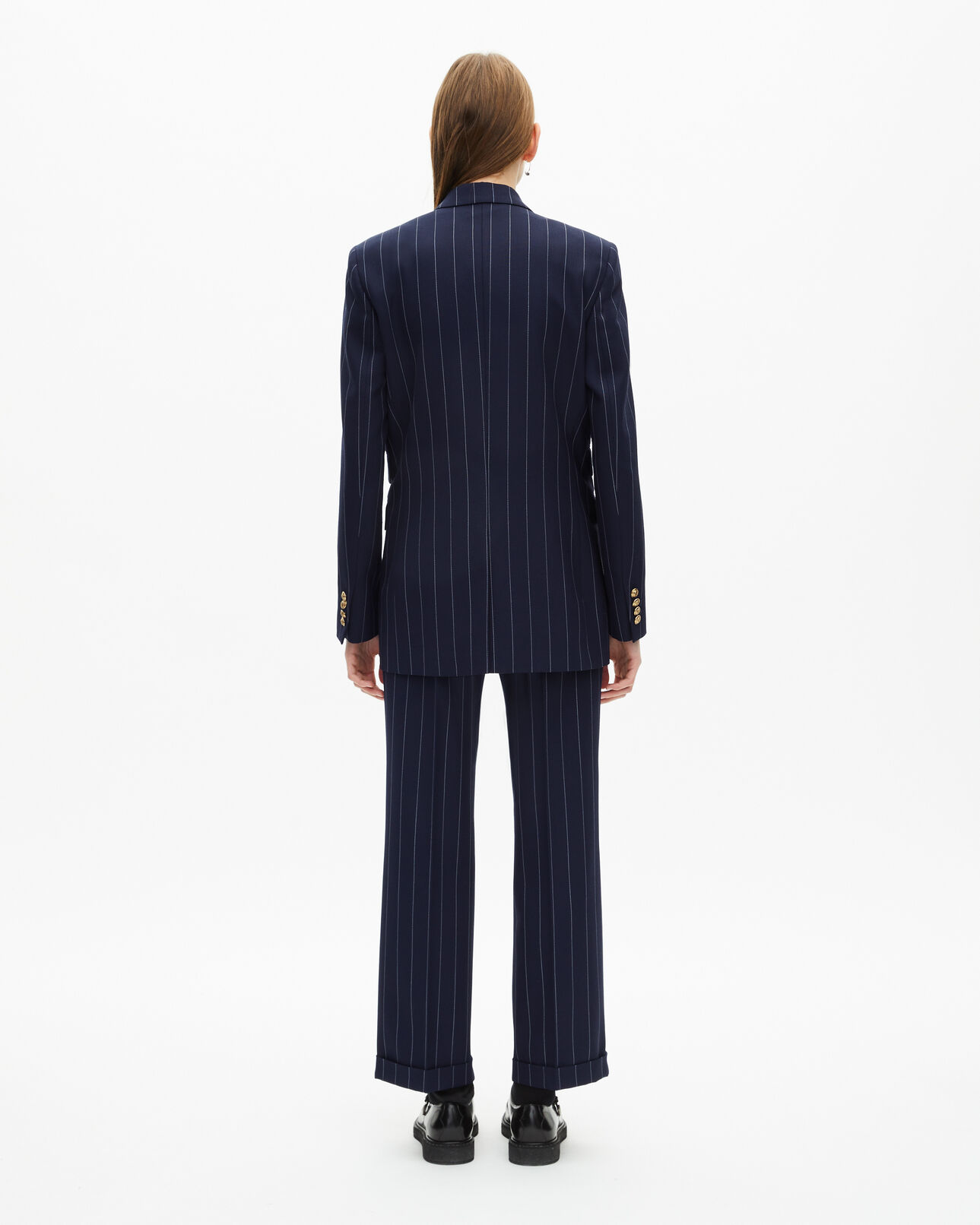 The Kooples WOMEN NAVY navy blue wool blend tennis stripe suit jacket