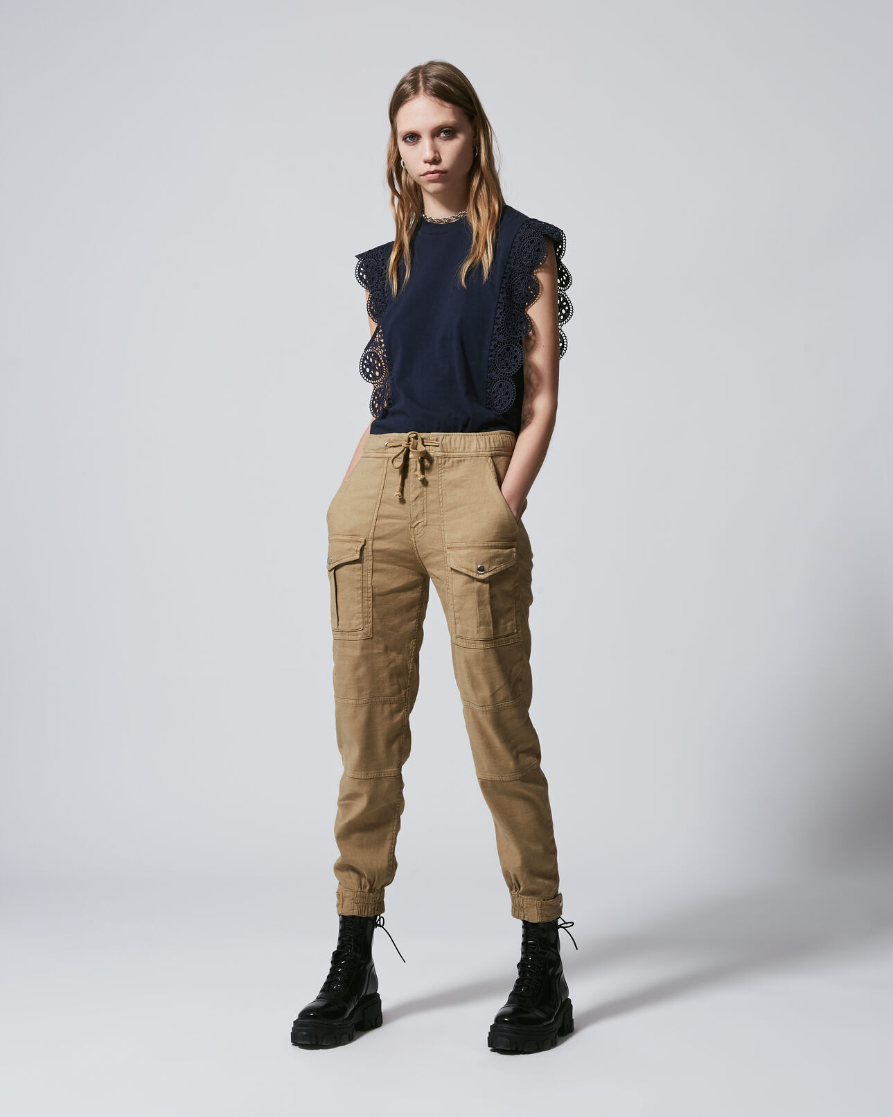 The Kooples FEMME BEIGE-BROWN pantalon coton kaki style militaire