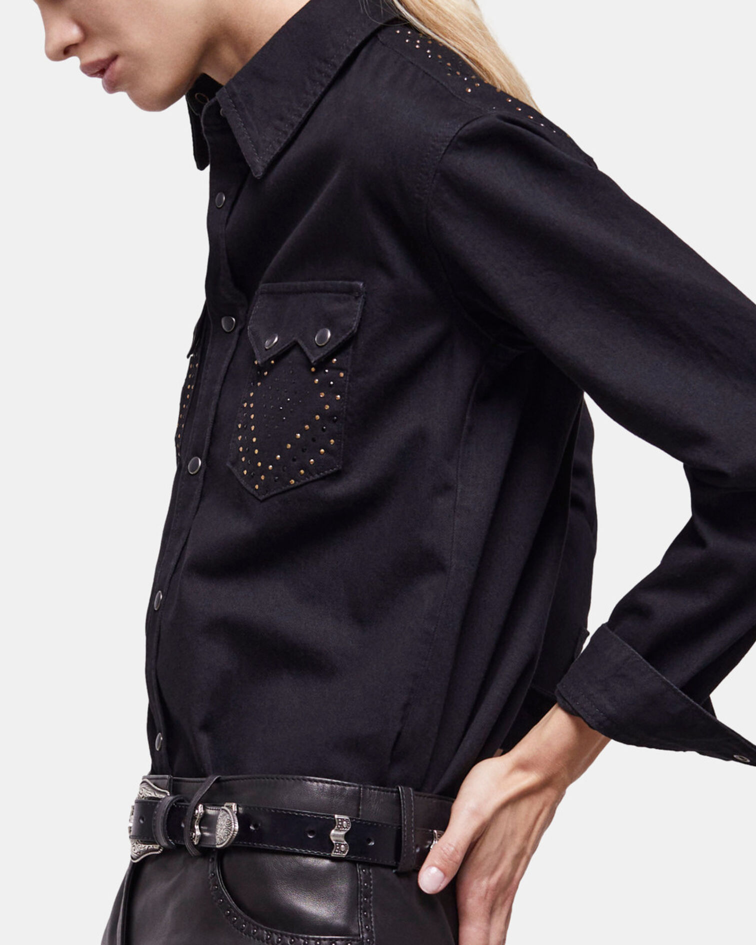 Black shirt with stud details, BLACK WASHED, hi-res image number null