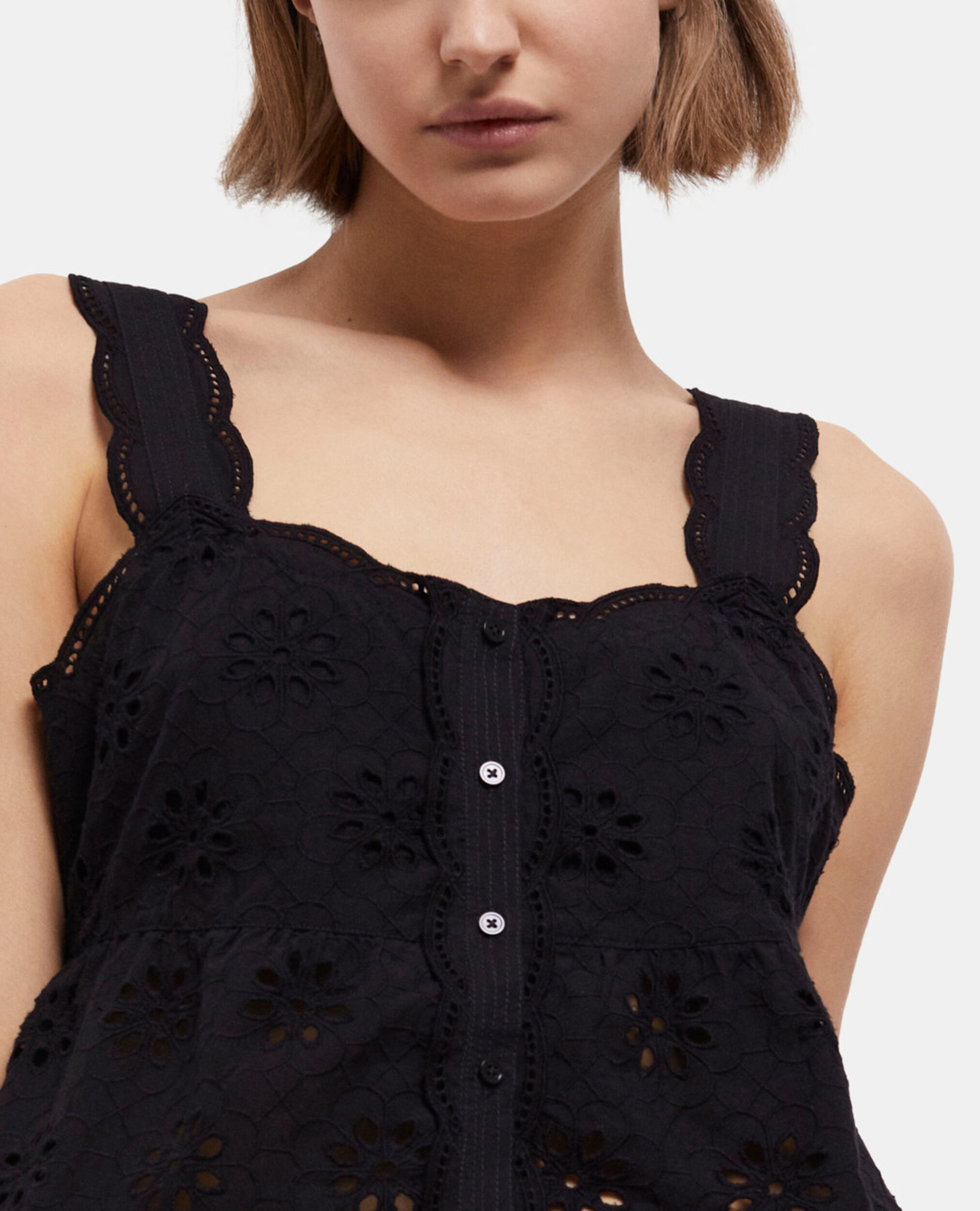 Short black top with Broderie Anglaise, BLACK, hi-res image number null