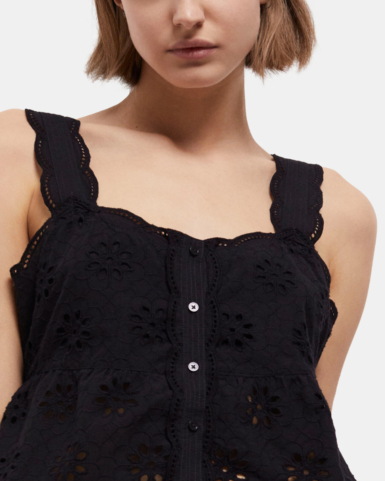 The Kooples DAMEN BLACK kurzes, schwarzes top mit englischer stickerei
