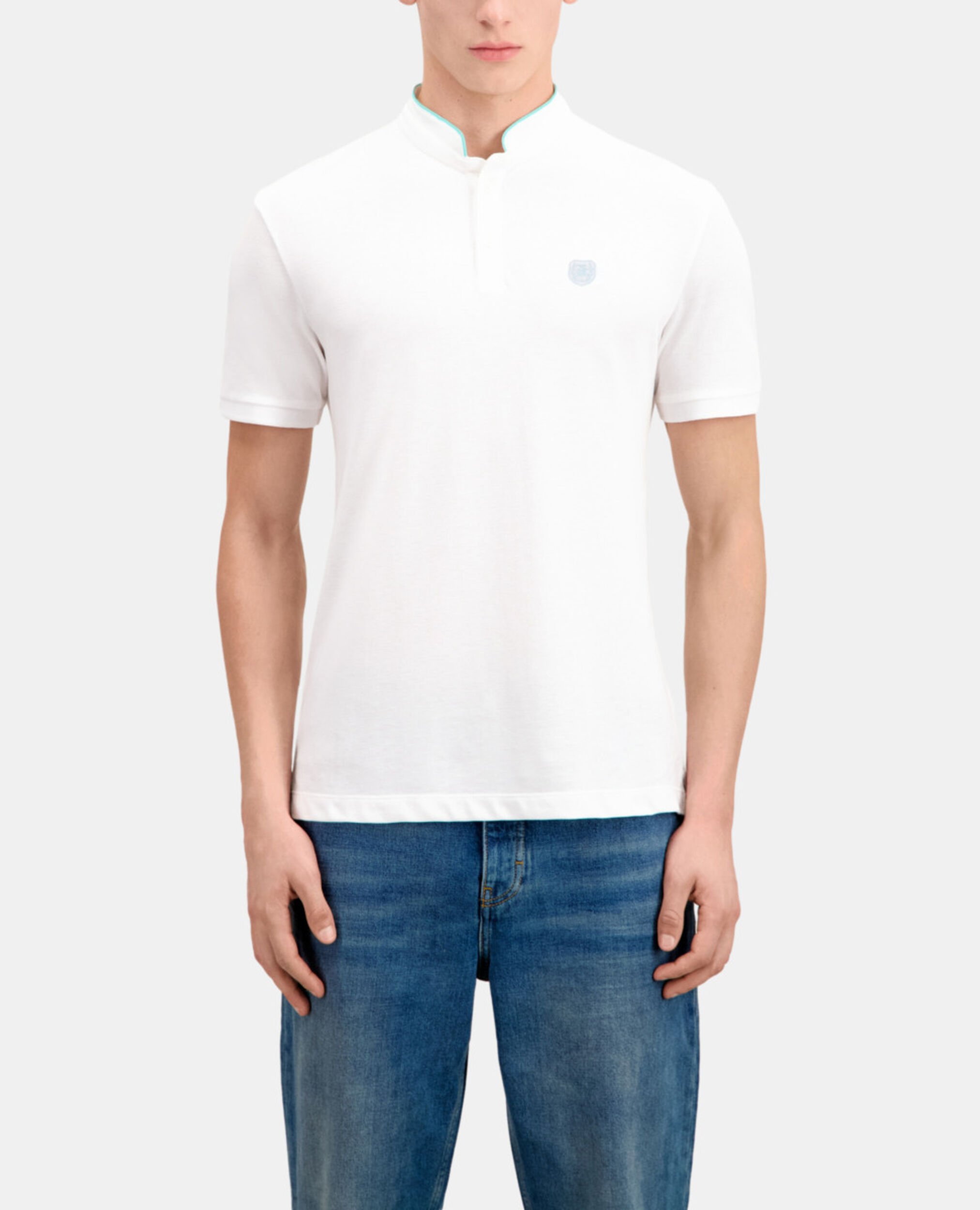 White cotton polo t-shirt, WHITE / DUCK BLUE, hi-res image number null