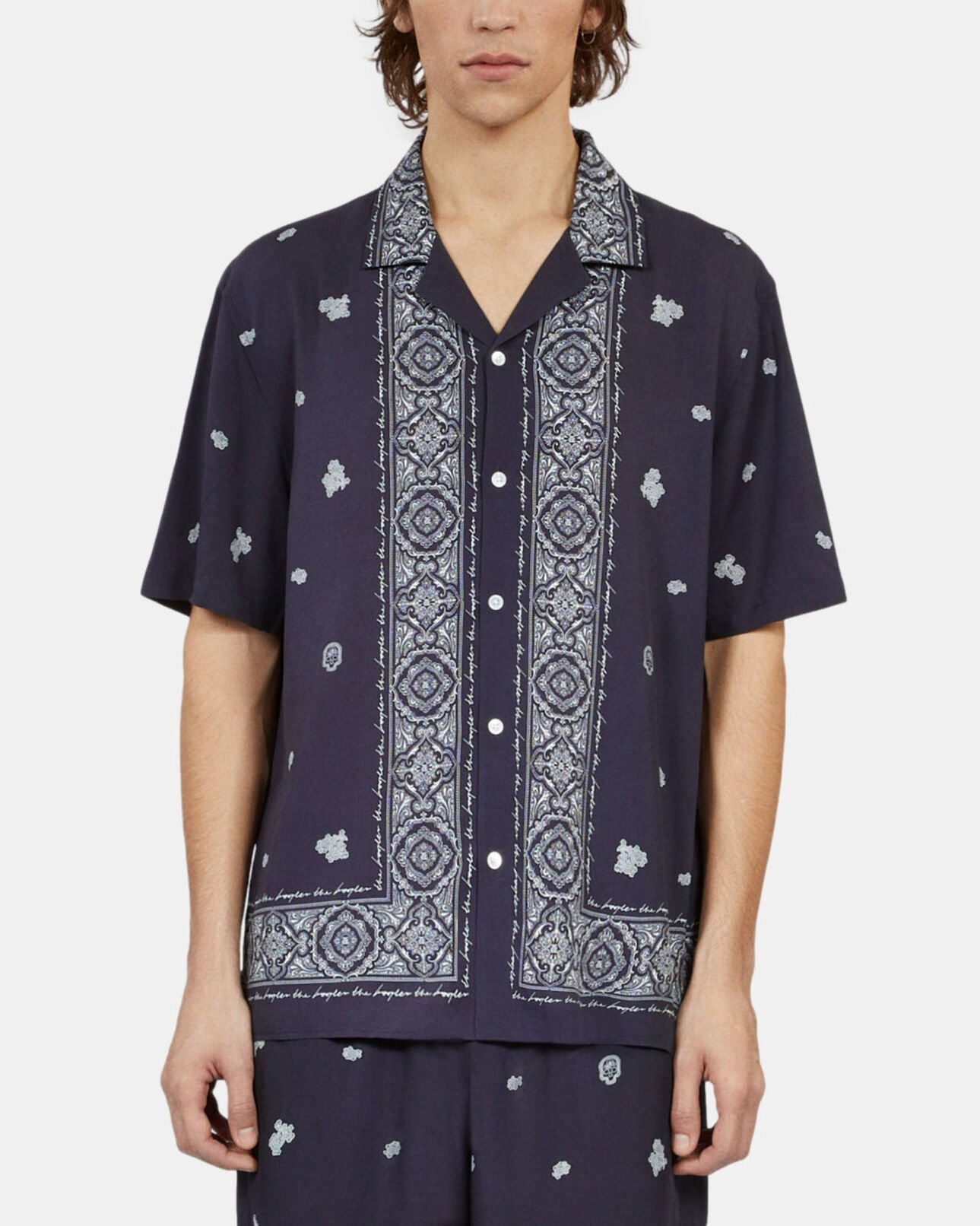 The Kooples MEN NAVY / WHITE navy skull paisley print short sleeve shirt