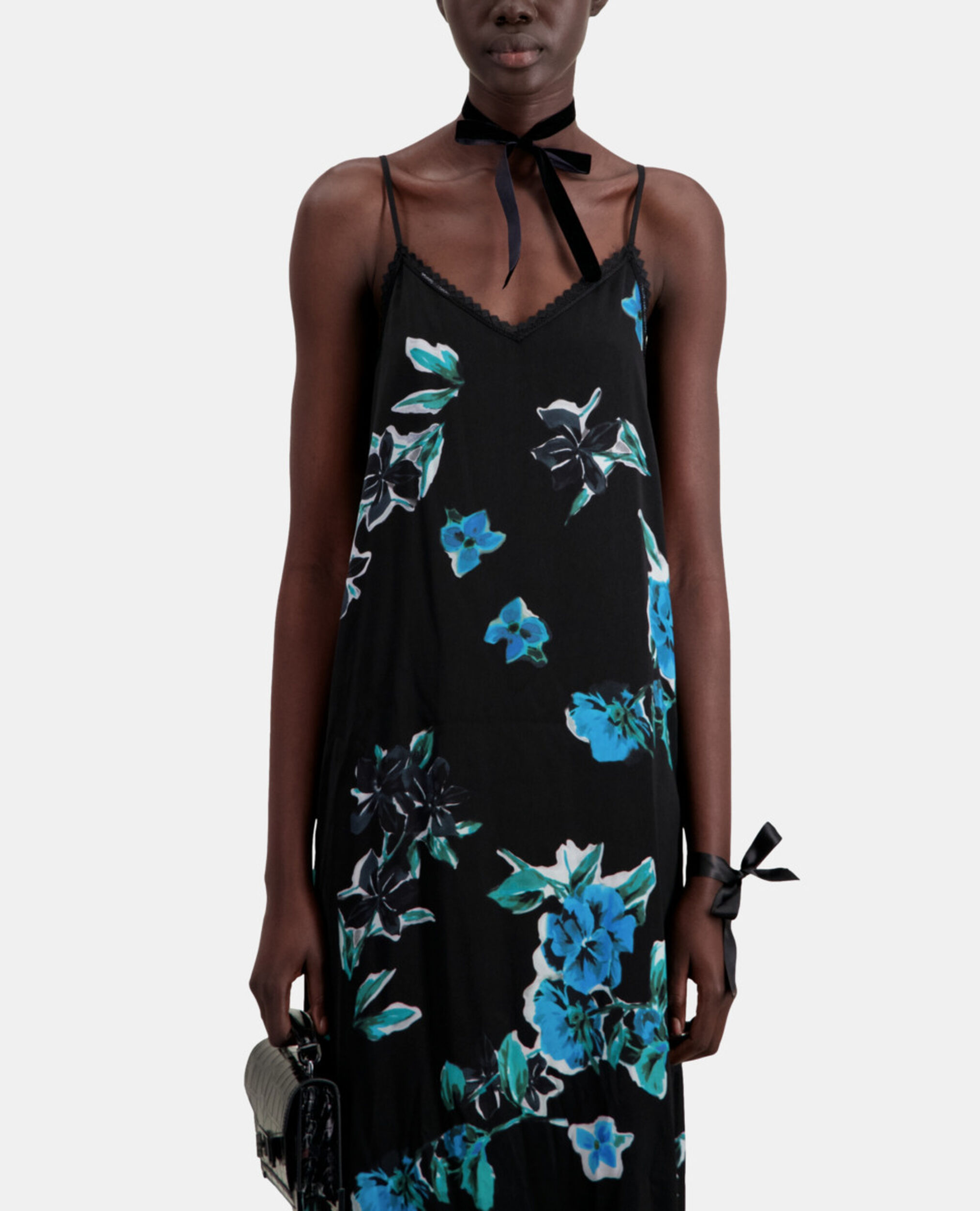 Long printed slip dress with lace details, BLACK BLUE, hi-res image number null