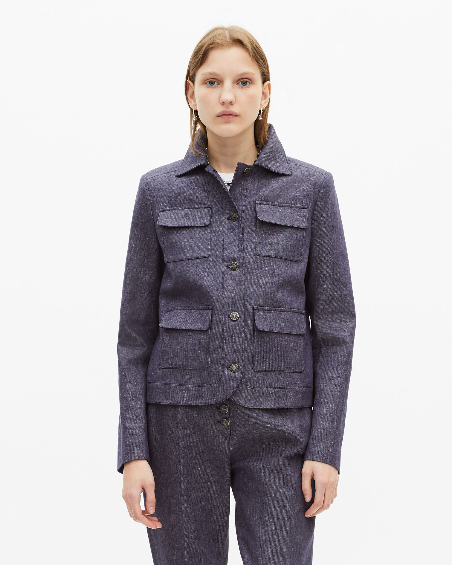 Short jacket in blue cotton and linen, BLUE, hi-res image number null