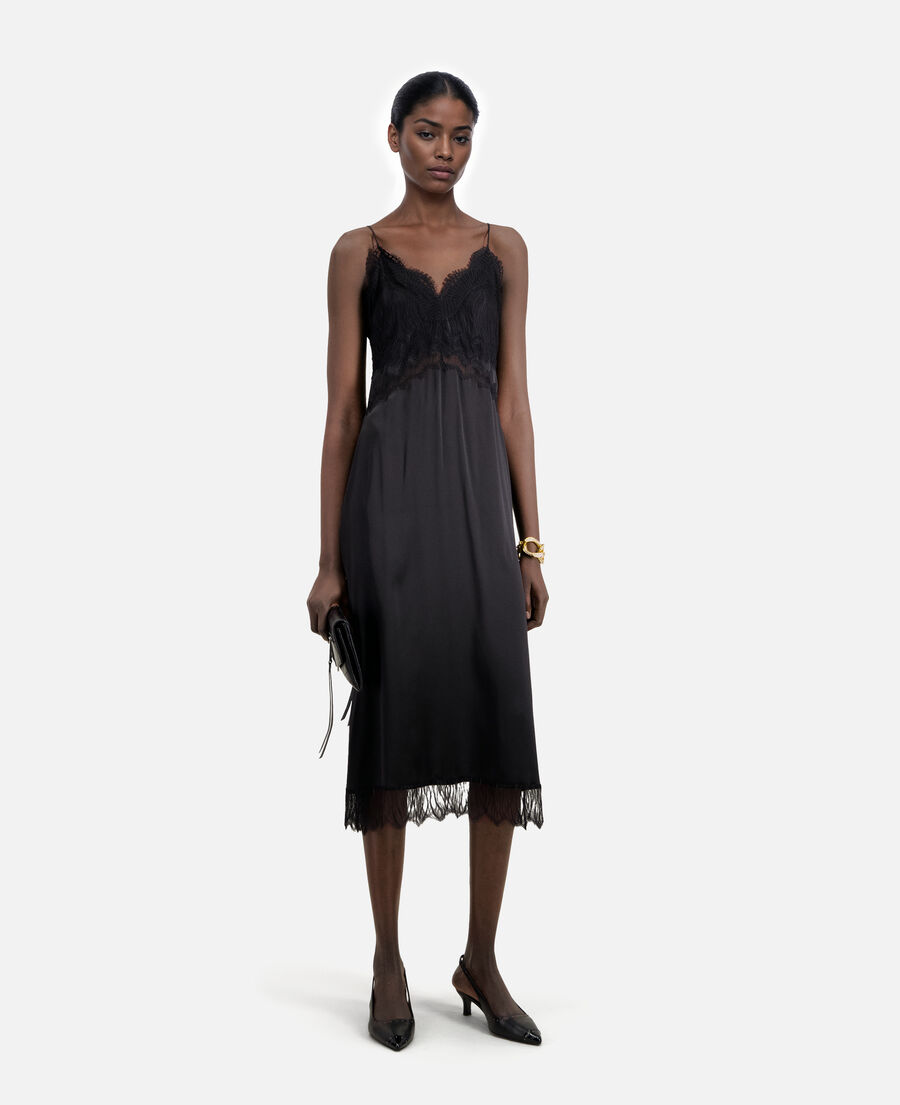The Kooples F BLACK long black silk slip dress with lace details
