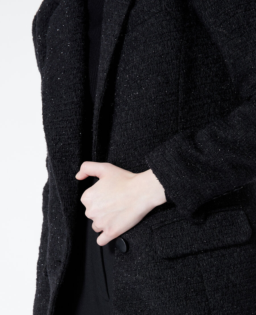 buttoned black tweed blazer