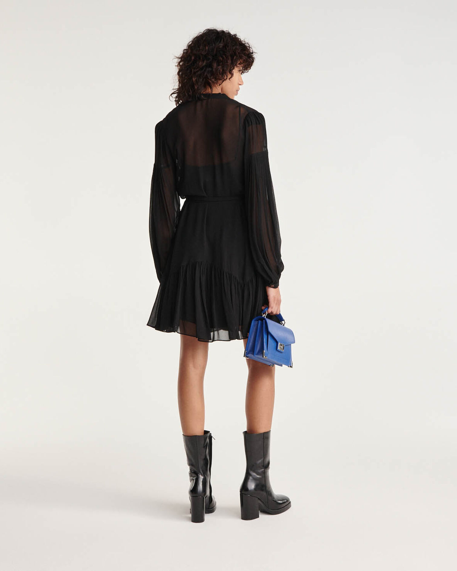 Kurzes schwarzes Kleid V-Ausschnitt Gürtel, BLACK, hi-res image number null