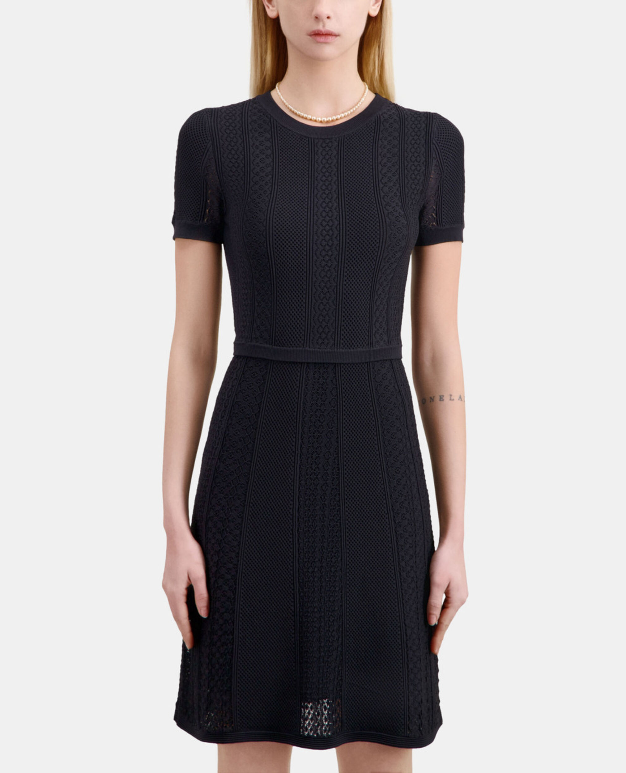 Short black openwork knit dress, BLACK, hi-res image number null