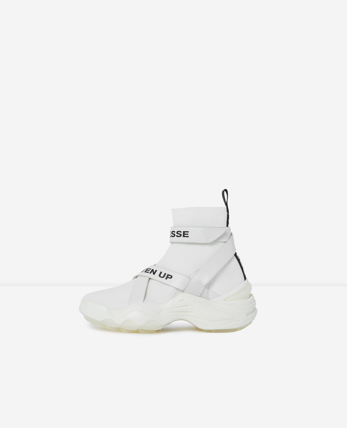 Slick white high top trainers with text The Kooples